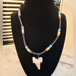 Puka Shell Rainbow Multicolor Beaded Necklace with Shark Tooth Pendant